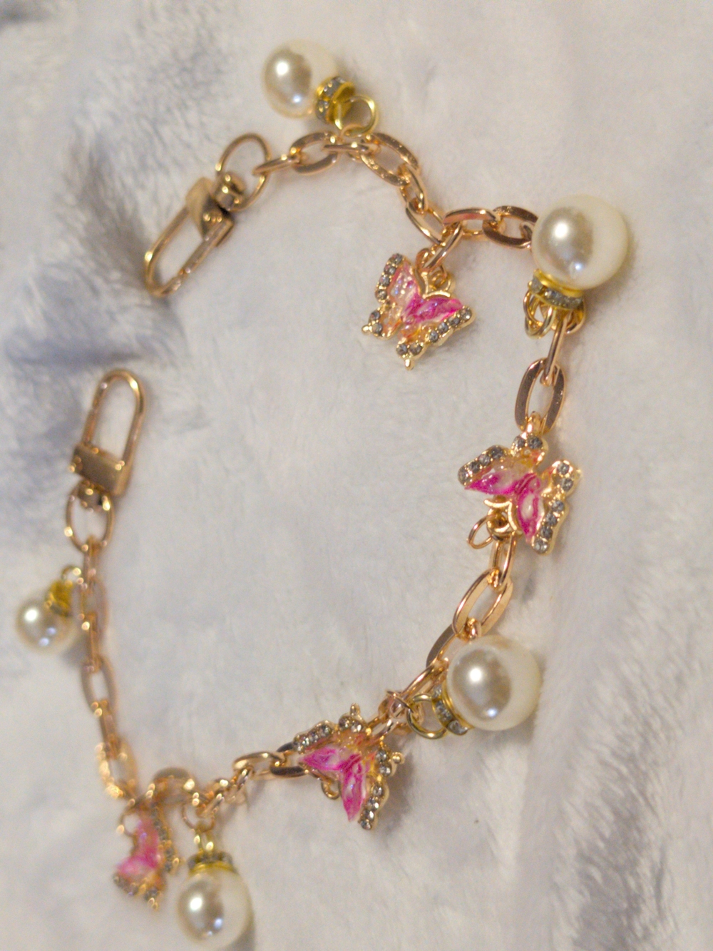 Gold-Tone Pink Butterfly & Pearl Purse/ Wallet Bag Extender Chain - Picture 2 of 3